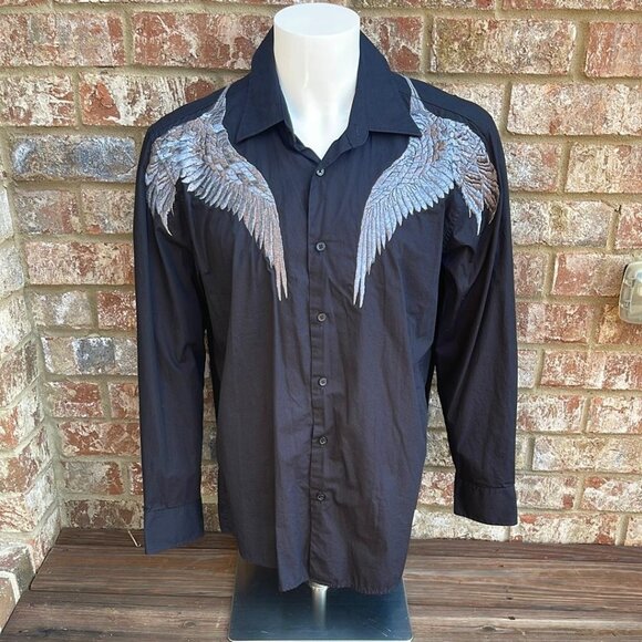 INC International Concepts Men's Blue Embroidered Angel Wings Western Shirt XL - Picture 1 of 5
